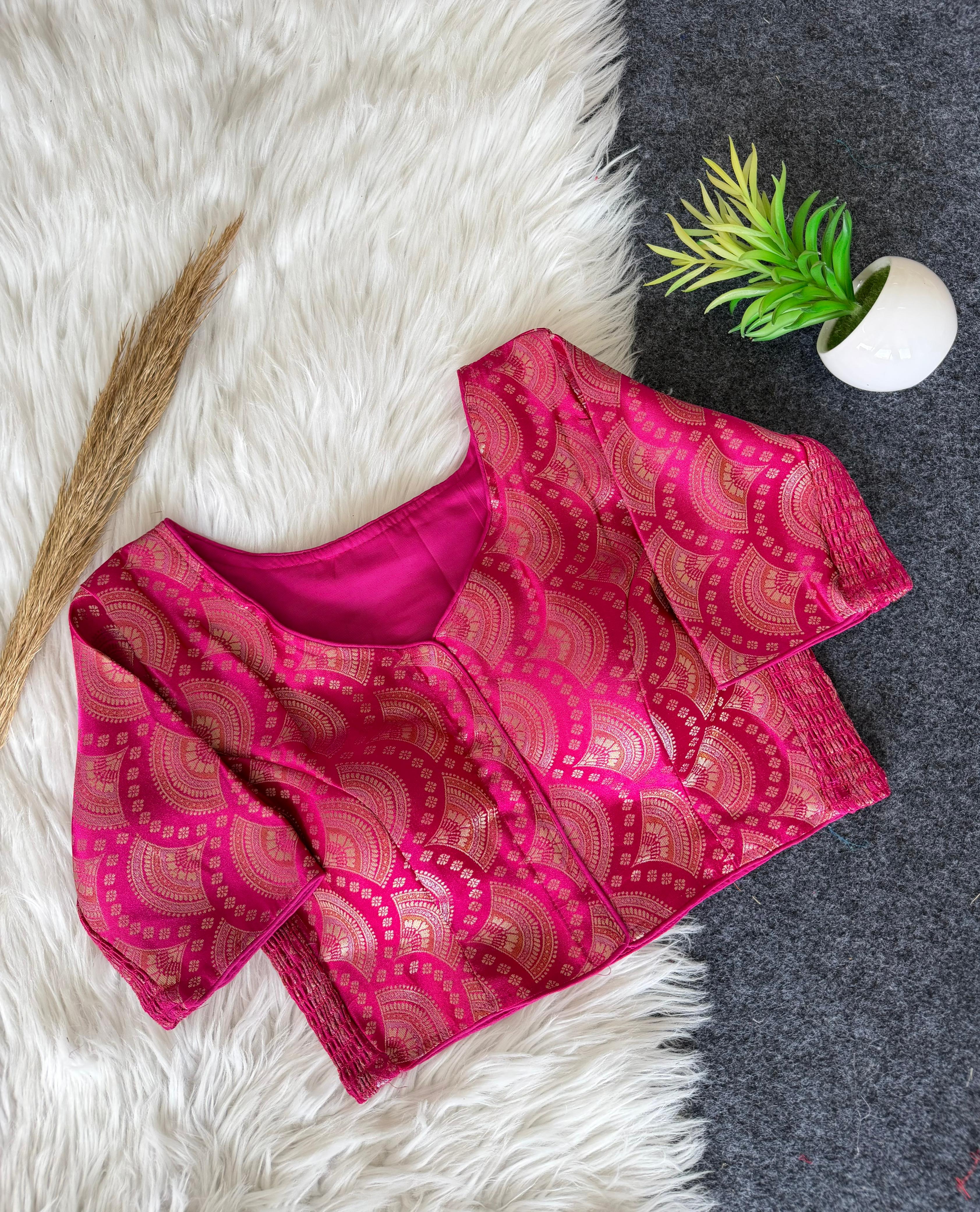 Side Elastic Banarasi Blouse - Pink